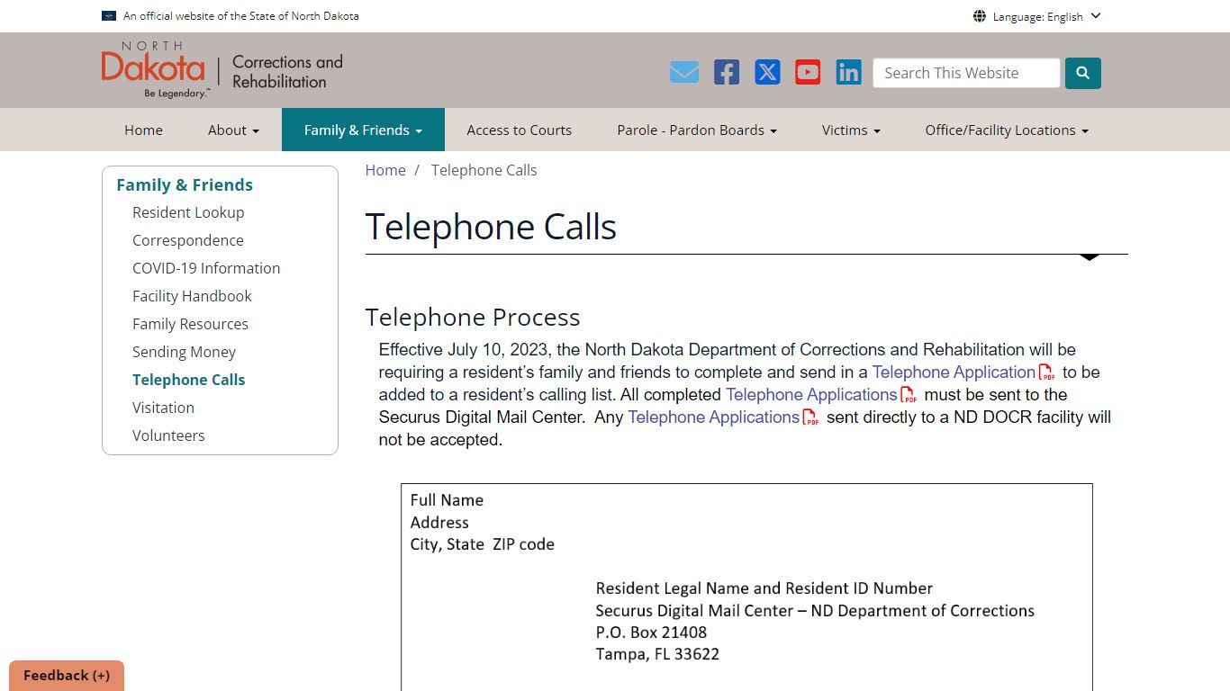 Telephone Calls - North Dakota Department of Corrections and Rehabilitation
